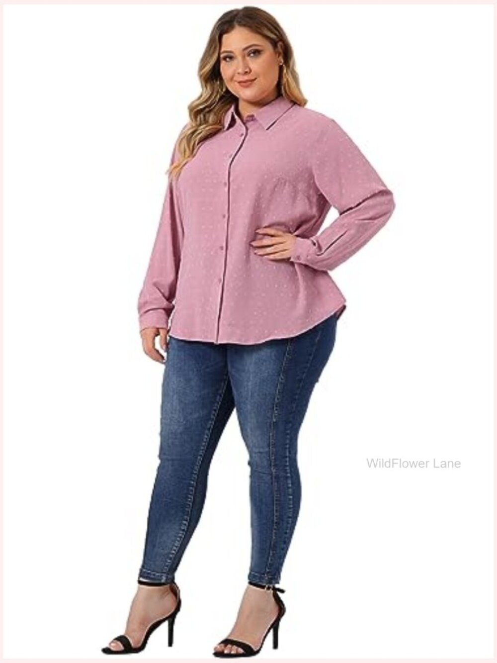 Plus Size Long Sleeve Button Down Swiss Dots Blouse Shirt Top - Picture 3 of 5